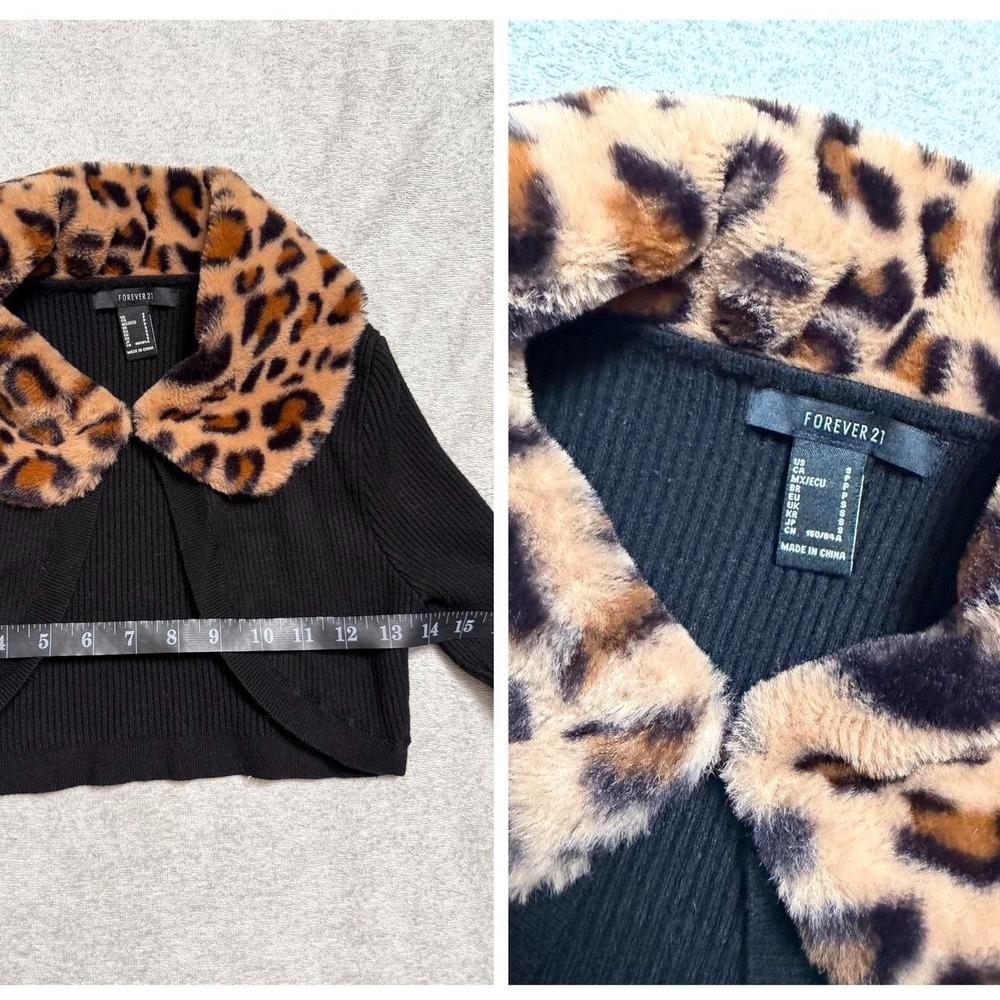Forever 21 Black Knit Shrug Sweater Faux Fur Cheetah Collar Cuffs Small - Picture 7 of 7